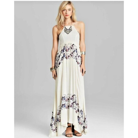 Free People Babydoll Maxi Dress SIZE S Cream Combo Floral Slip Maxi Dress Sheer - Picture 1 of 16